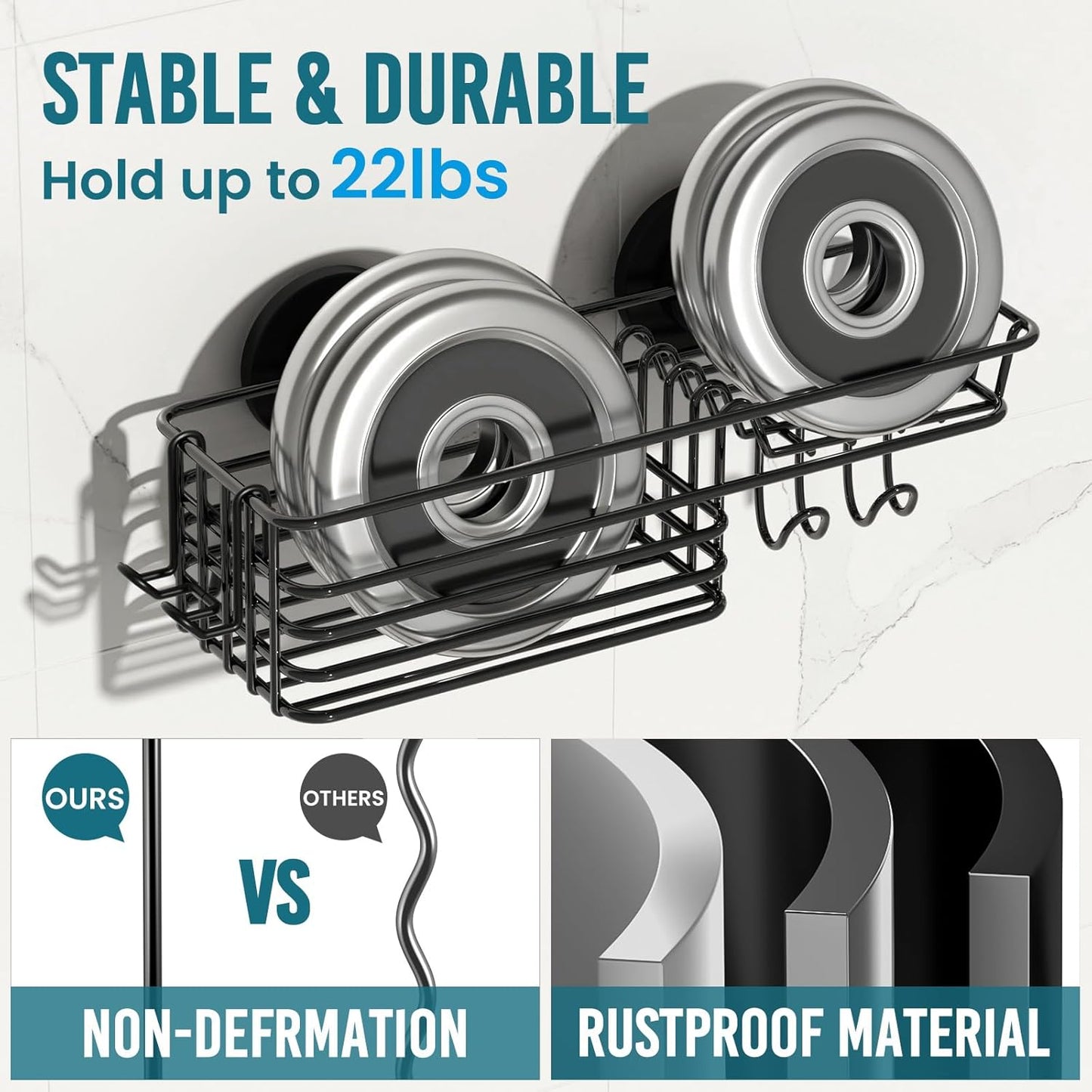 TAILI Shower Caddy Suction Cup with Hooks and Soap Holder, Heavy Duty Bathroom Shower Organizer, No Drilling Bathroom Holder with Large Capacity, Metal Black Storage Basket