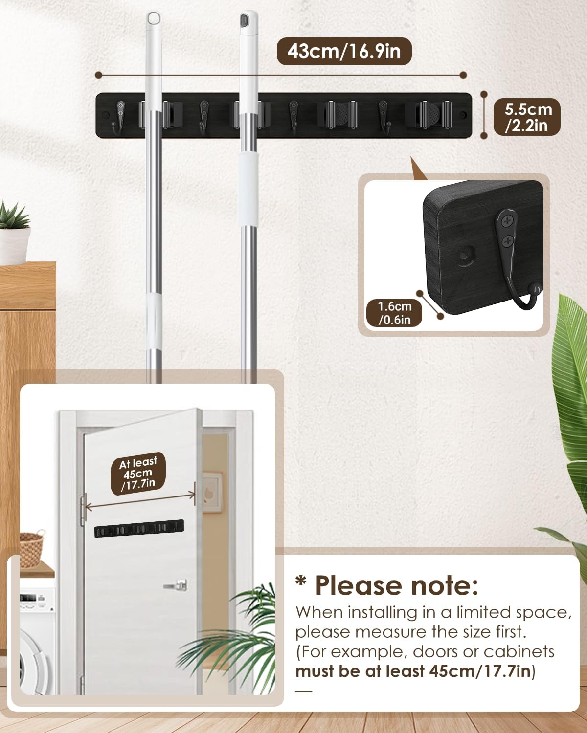 AceMining Broom Holder Wall Mounted, Black 4 Holders and 4 Hooks Mop Holder, Wooden Mop and Broom Holder with Anti slip rubber, Natural pine wood Brush Holder, Mop Wall Holde with Nail installation