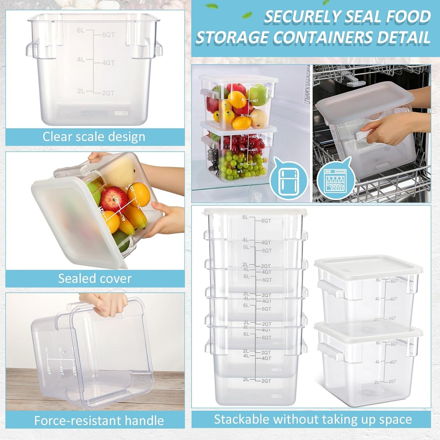 Yungyan 12 Pcs 6 Qt Commercial Food Storage Containers with white Lids Restaurant Square Airtight Food Storage Containers Clear Cereal Container for Kitchen Freezer Dishwasher Pantry