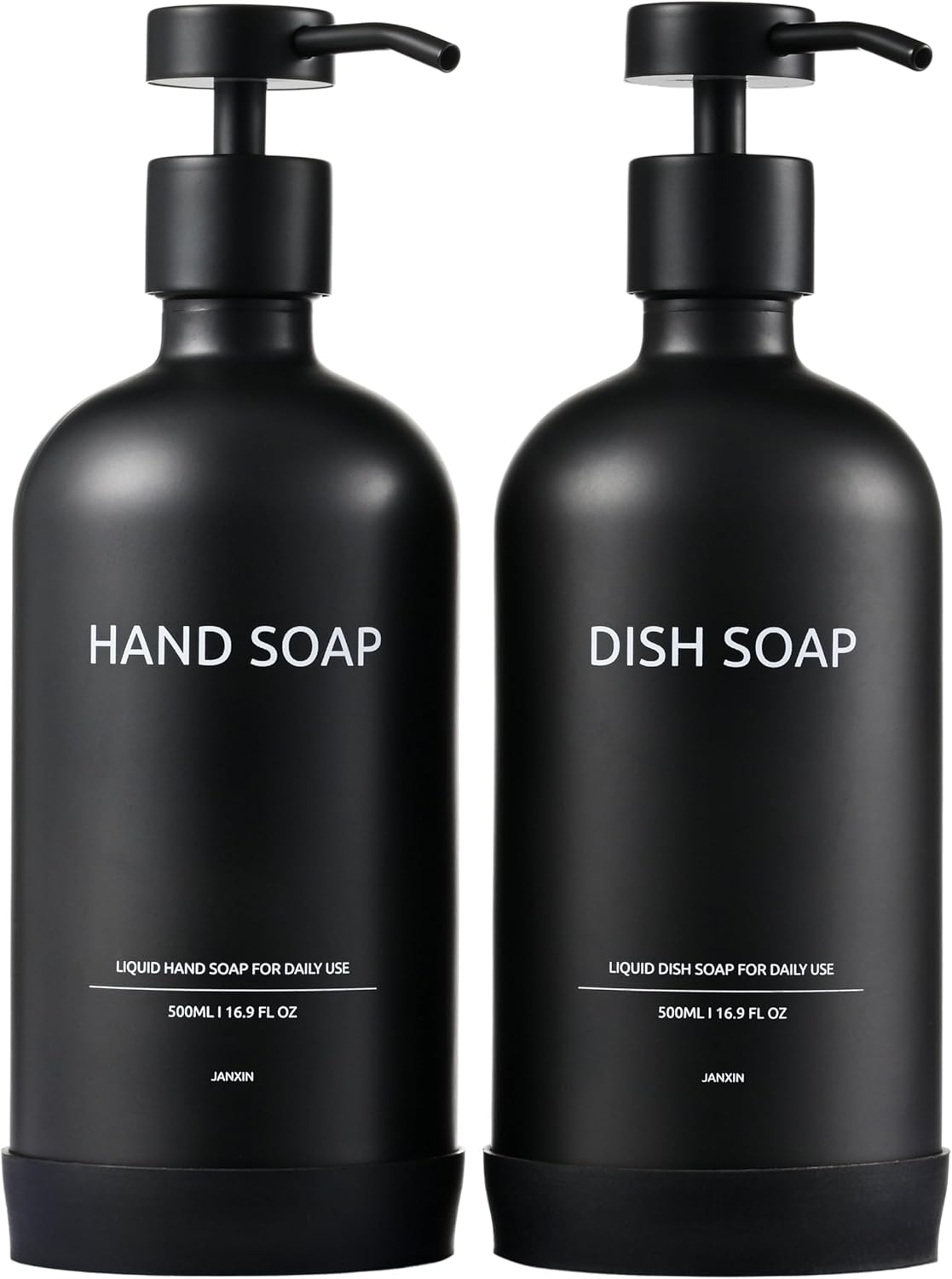 Kitchen Soap Dispenser Set with Non-Slip Protective Silicone Pad,Hand Soap Dispenser for Kitchen and Bathroom Decor, Black Kitchen Accessories (Black Bottles +Black Pumps)