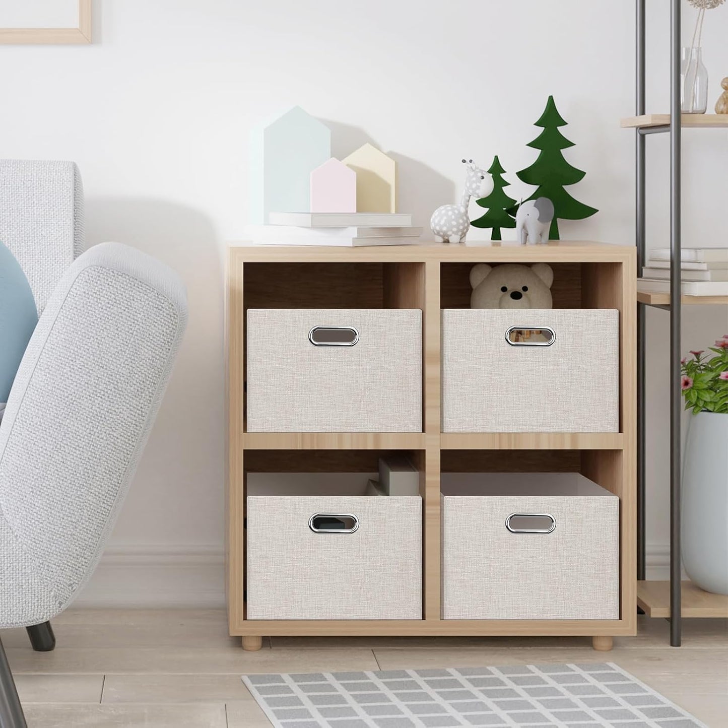 Posprica Closet Storage Bins, 4 Pack Closet Shelf Organizers, Linen Fabric Decorative Storage Baskets for Organizing, Foldable Storage Box for Clothes, Toy, 15x10.5x8.25 Inch (Beige)