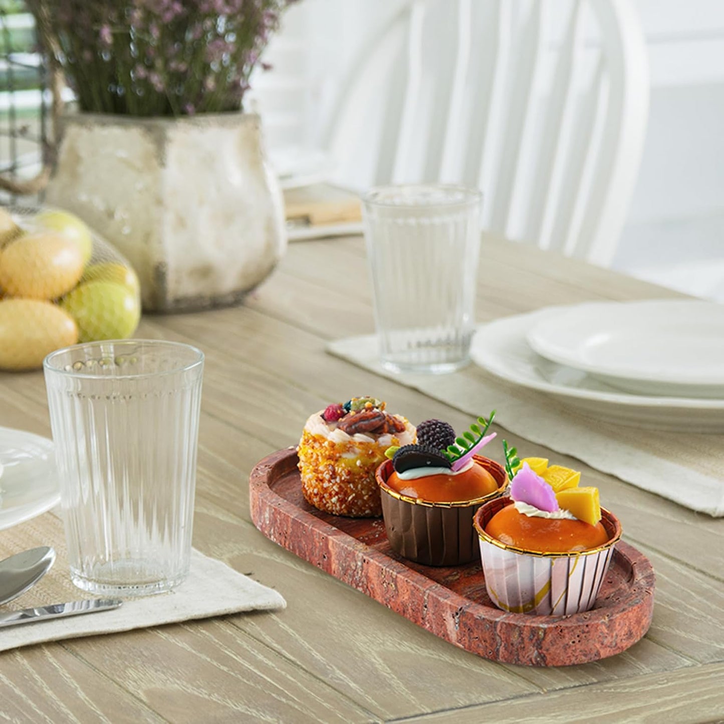 WORHE Italy Natural Travertine Stone Tray for Jewelry, Candles, Perfume, Trinket, Marble Oval Vanity Trays for Bathroom, Dresser, Kitchen, Countertop Storage Organizer for Home Decor Red (WH029)