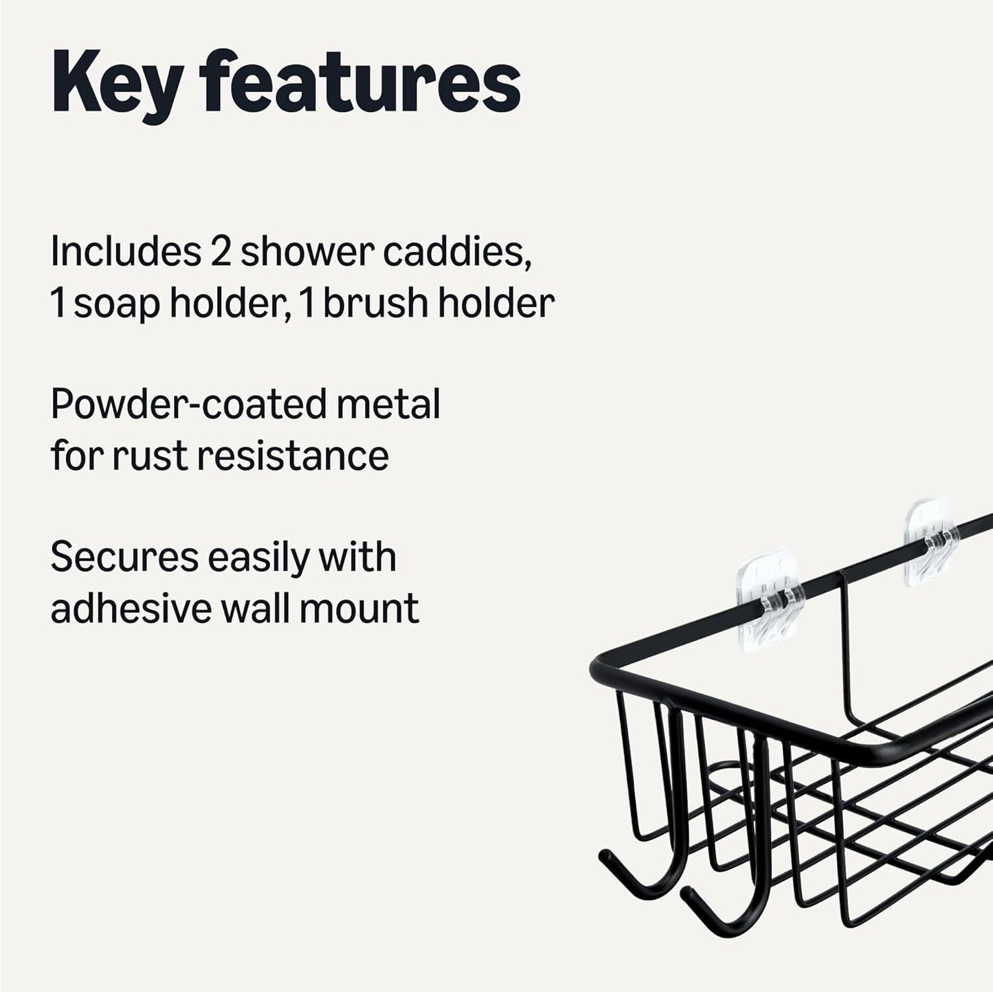 Amazon Basics Shower Organizer Caddy with Soap Holder, Stainless Steel, Black, Set of 5