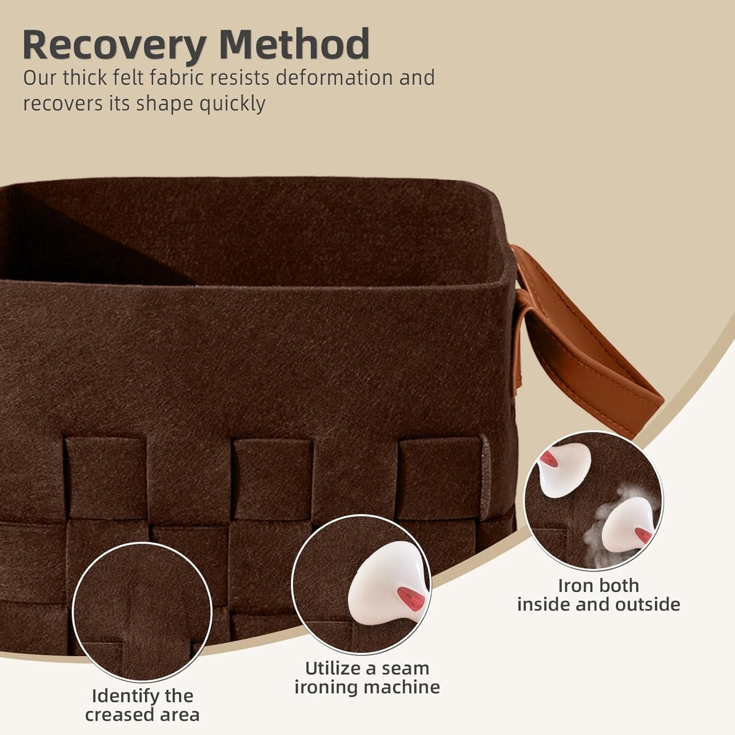 10 Inch Cube Storage Basket 3 Pack, Blanket Baskets with Leather Handle, Felt Fabric Storage Bin for Shelves,Square Baskets for Toys Nursery Living Room, Brown