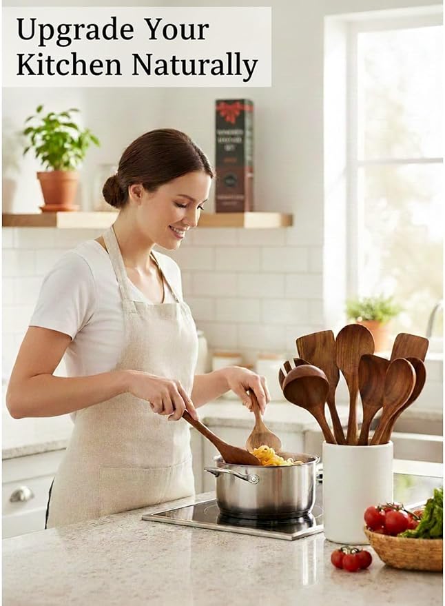 100% Natural Teak Wood Wooden Utensil Set – 10 Pcs Durable Kitchen Spoons for Cooking – Non-Stick & Heat Resistant, Eco-Friendly & Comfortable Grip