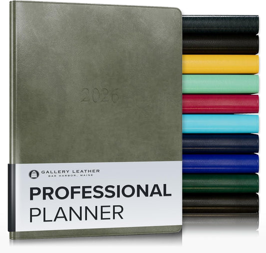 Gallery Leather Professional Weekly Monthly Planner 2026, Elegantly Bound Calendar Planner and Notebook with Stylish Gold-Gilded Page Edges, 12 Months - Acadia Cactus - 9 x 7 "