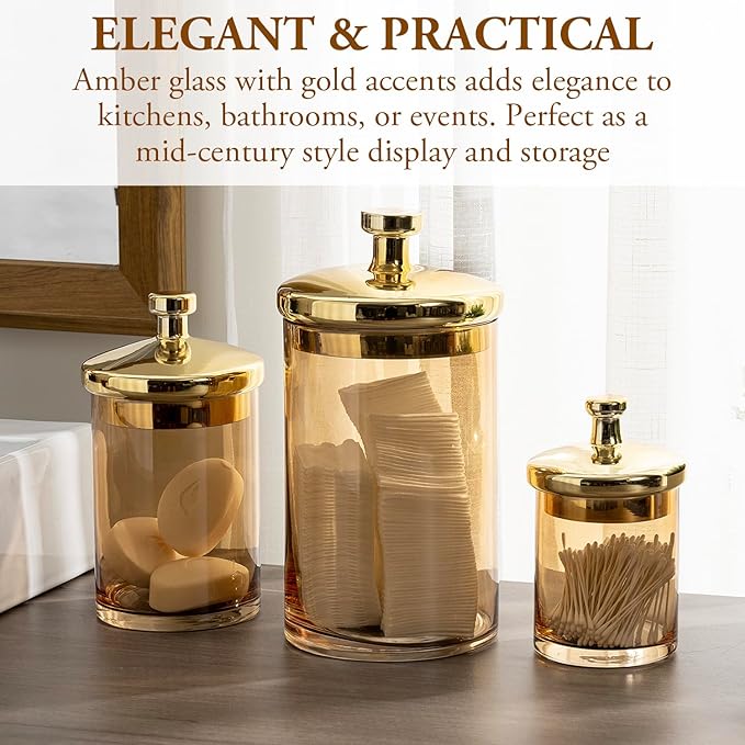 MyGift Glass Apothecary Jar Set with Brass Lids, Decorative Kitchen and Bathroom Storage Canisters, Wedding Centerpiece Jars, Candy Buffet Containers