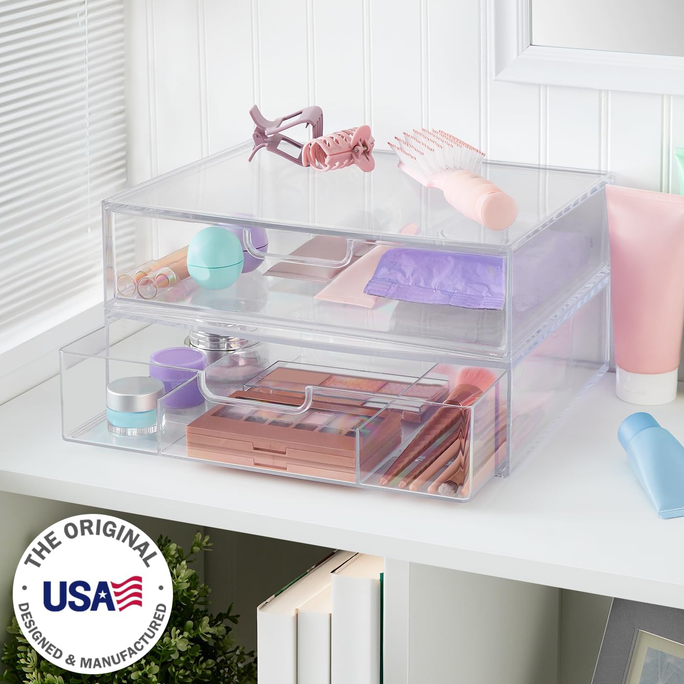 STORi STAX Plastic Stackable Organizer Drawers (Set of 2) Clear | 12.5" Wide | Set Includes One Open Drawer & One Divided Drawer | Organize Office Desk Accessories & Sort Paper | Made in USA
