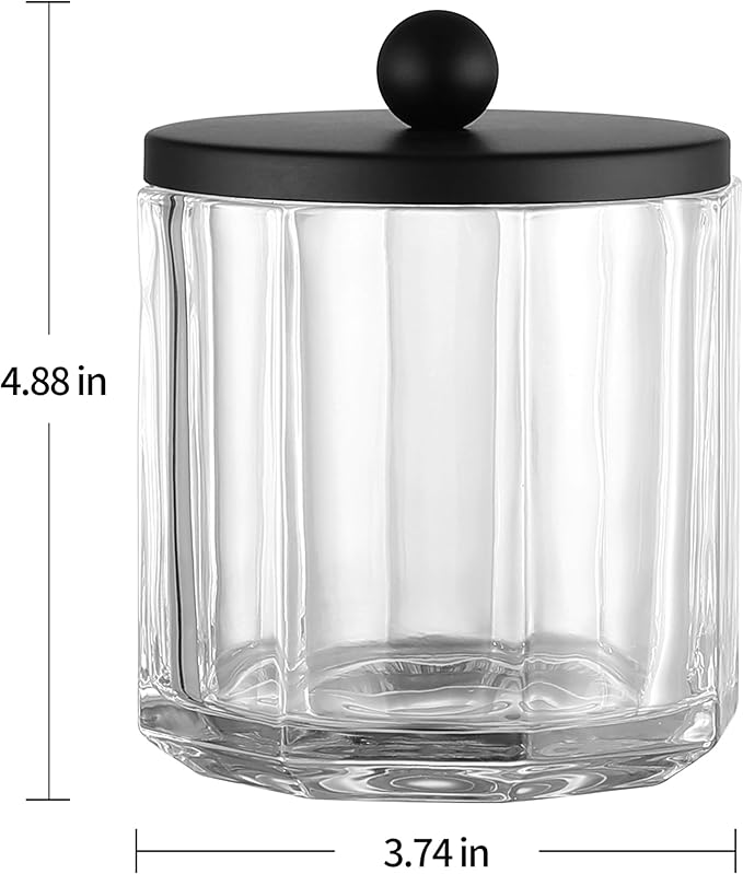 Clear Transparent Apothecary Octagional Shaped Glass Canister Jar With Matte Black Metal Lid Cover for Bathroom Organization, Cotton Balls, Q Tips, and Small Accessories, Bath Storage