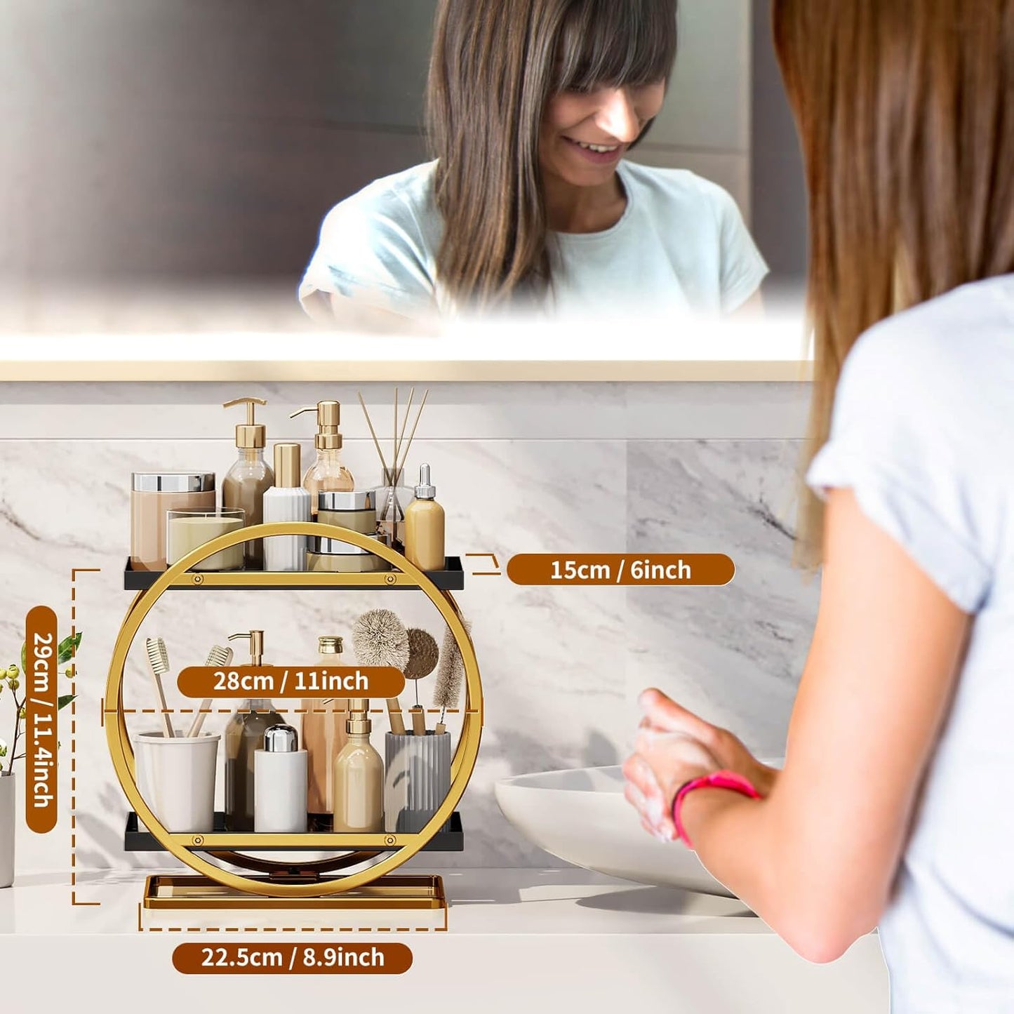 Makeup Organizer for Vanity, Black Gold Perfume Organizer for Dresser, 2-Tier Bathroom Countertop Organizers, Bathroom Counter Shelf Skincare Holder Perfume Tray Cosmetic Display