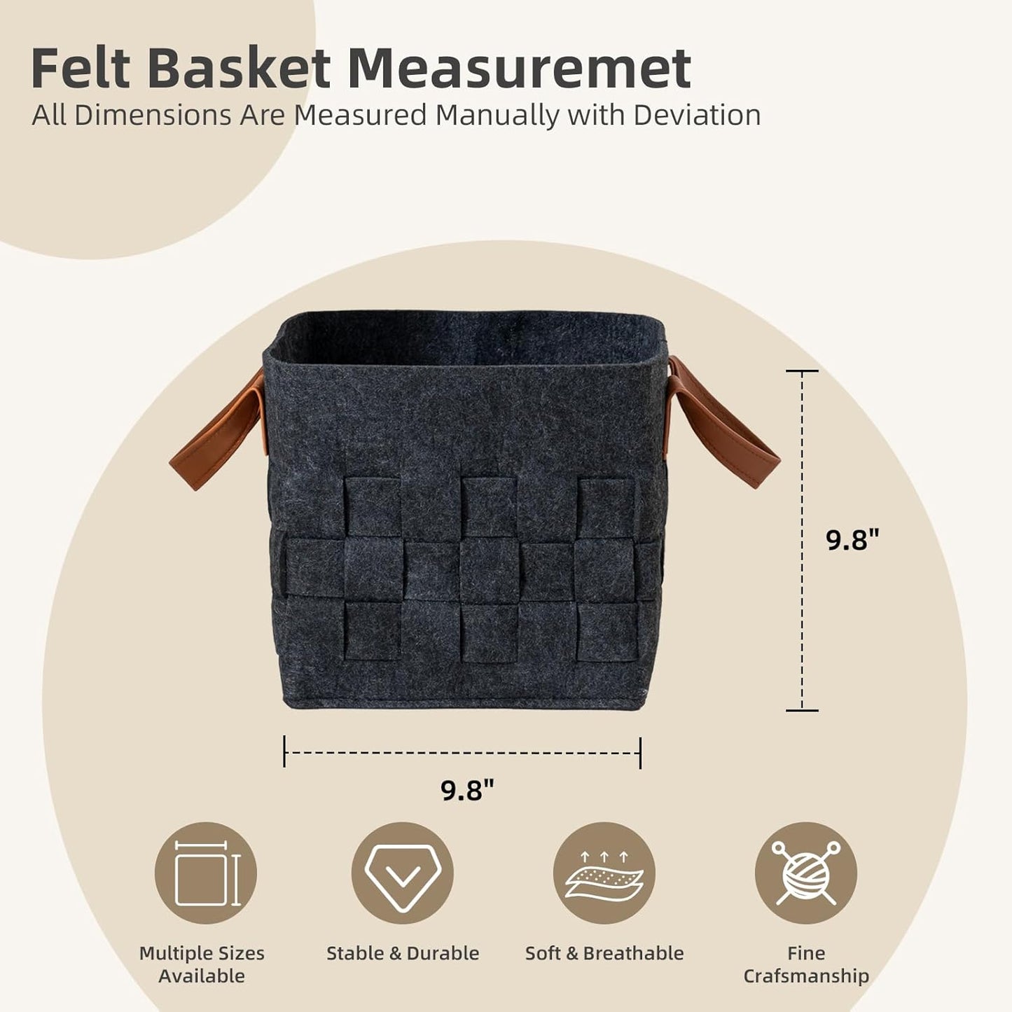 Bold monkey Storage Basket 3 Pack, Medium 10" x10" x10 " Baskets for Shelves with Leather Handle, Cube Felt Fabric Storage Box for Bedroom, Nursery, Living Room - Dark grey