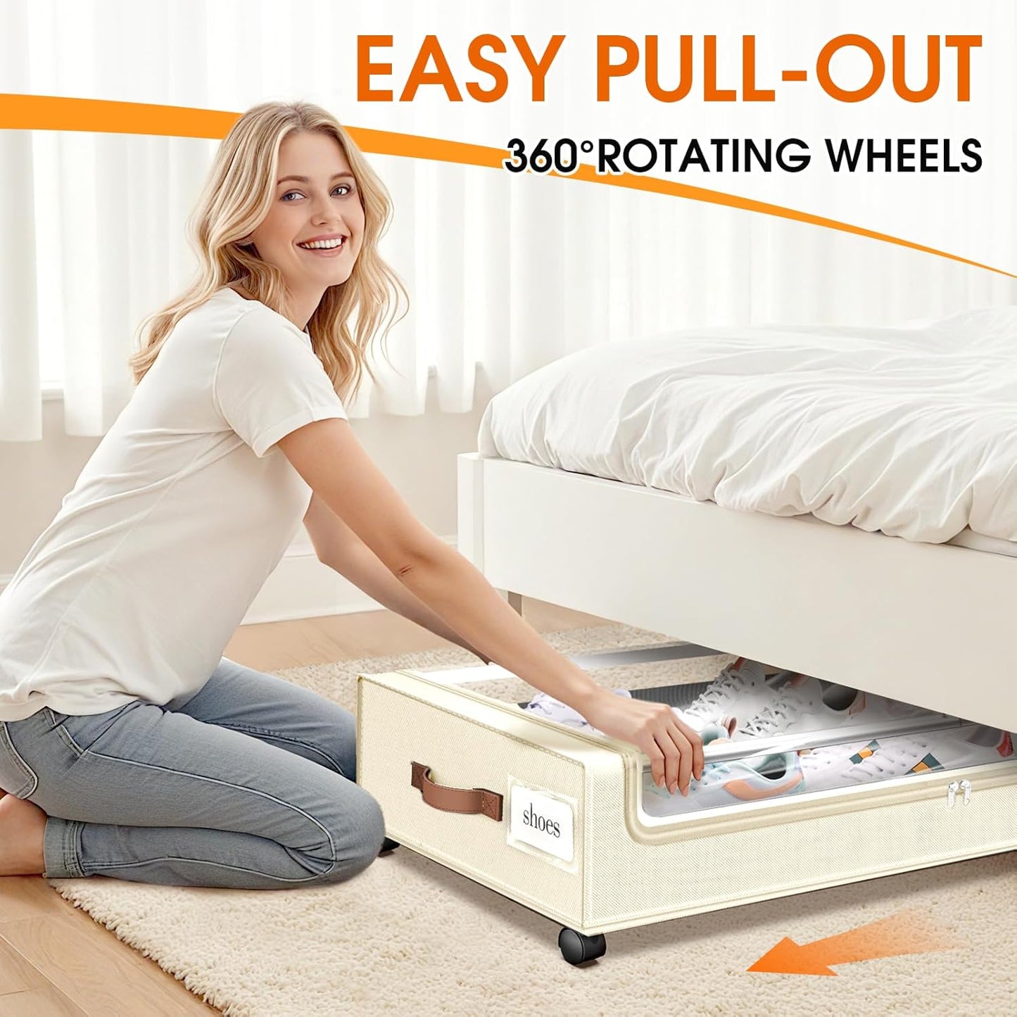 Under Bed Storage with Wheels 3Pack Underbed Storage with Clear Window&Label Under Bed Drawers Large Capacity Rolling Under Bed Storage for Clothes,Shoes, Blankets (Beige)