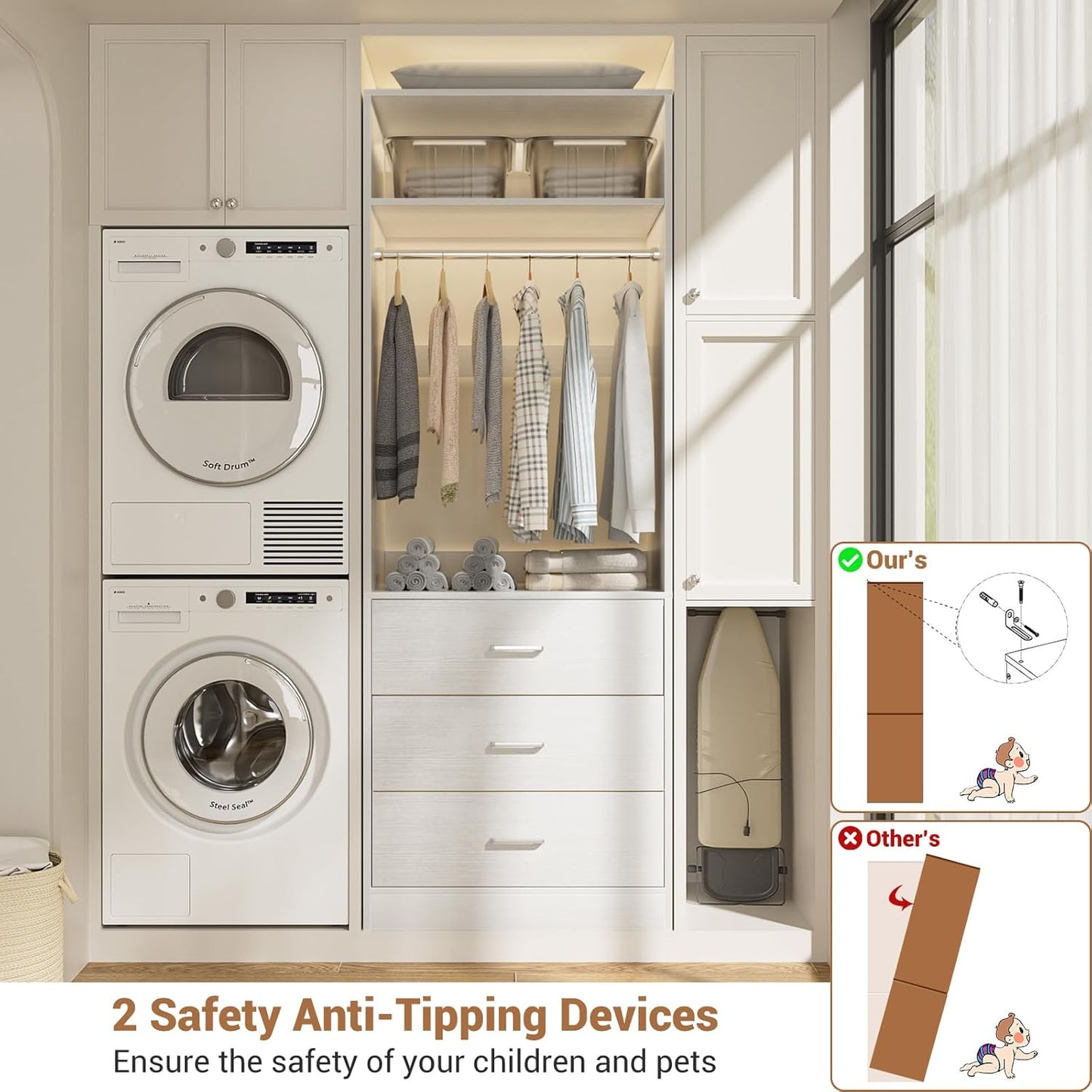 Closet System Set of 4, 8FT Closet Systems with 12 Wood Drawers, 96" Closet Organizer System with 4 Hanging Rods & 4 Shelves, Heavy Duty 96 Inch Walk-in Closet, White (96"L x 15" W x 80" H)