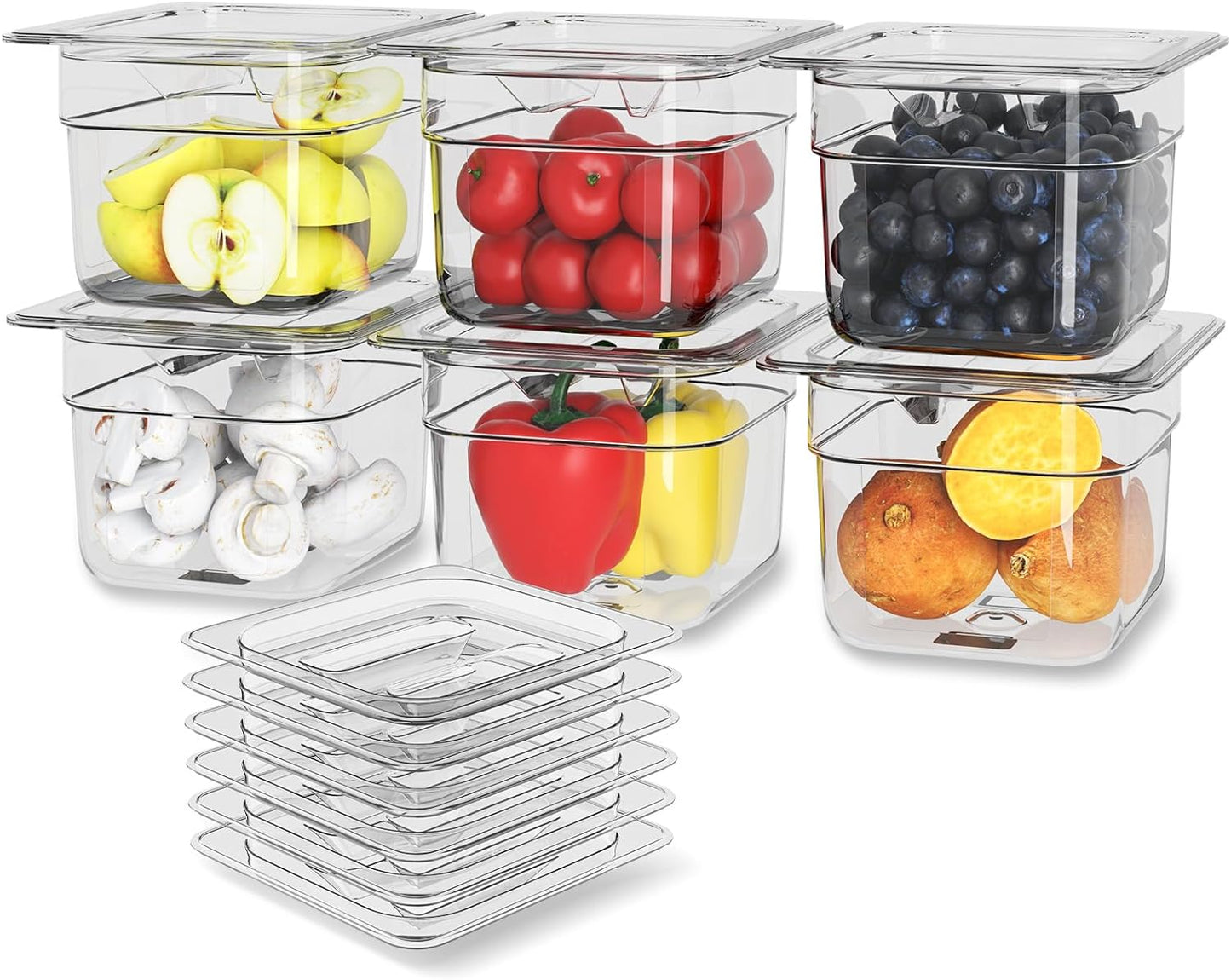 Plastic Clear Food Pan 1/6 Size Stackable Polycarbonate Pan with Capacity Indicator Restaurant Commercial Hotel Pans for Fruits Vegetables Beans Corns (6 PCS, 2.5'' Deep)