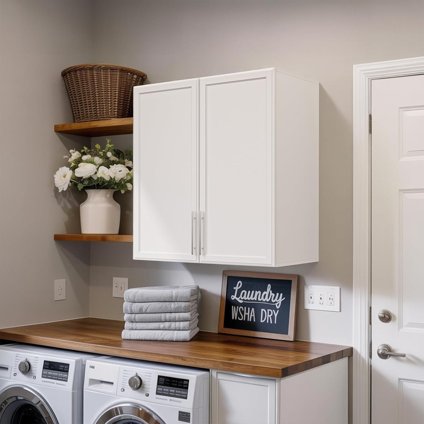 Laundry Room Wall Cabinet with Adjustable Shelf,Wall Mounted Kitchen Cabinets with Two Shaker Doors,Upper Storage for Laundry Room, Bathroom, Kitchen,Large,White