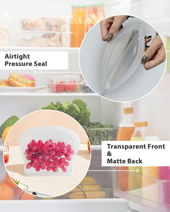 Reusable Silicone Storage Bag, 6Pack Pocket, Snack, and Sandwich Bag, Endurables Seal-Top Silicone Bags for Food Storage, Freezer, Microwave, Oven, Dishwasher Safe (Clear & Rose Quartz)