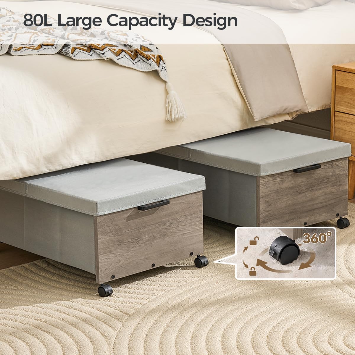 Under Bed Storage with Wheels, Bigger Size, Under Bed Drawers Heavy Duty, 2 Packs, Wooden Under Bed Storage Containers Organizer, Metal Frame, Patented Design