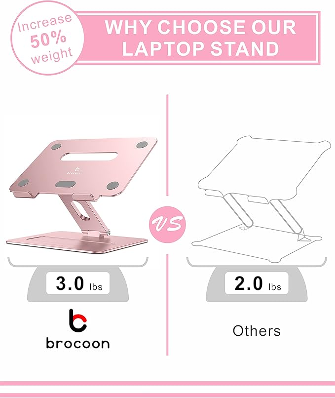 Adjustable MacBook Pink Laptop Stand for Desk | Ergonomic Aluminum Laptop Riser with Heat-Vent, Compatible for 10-17" Laptops, Rose Gold
