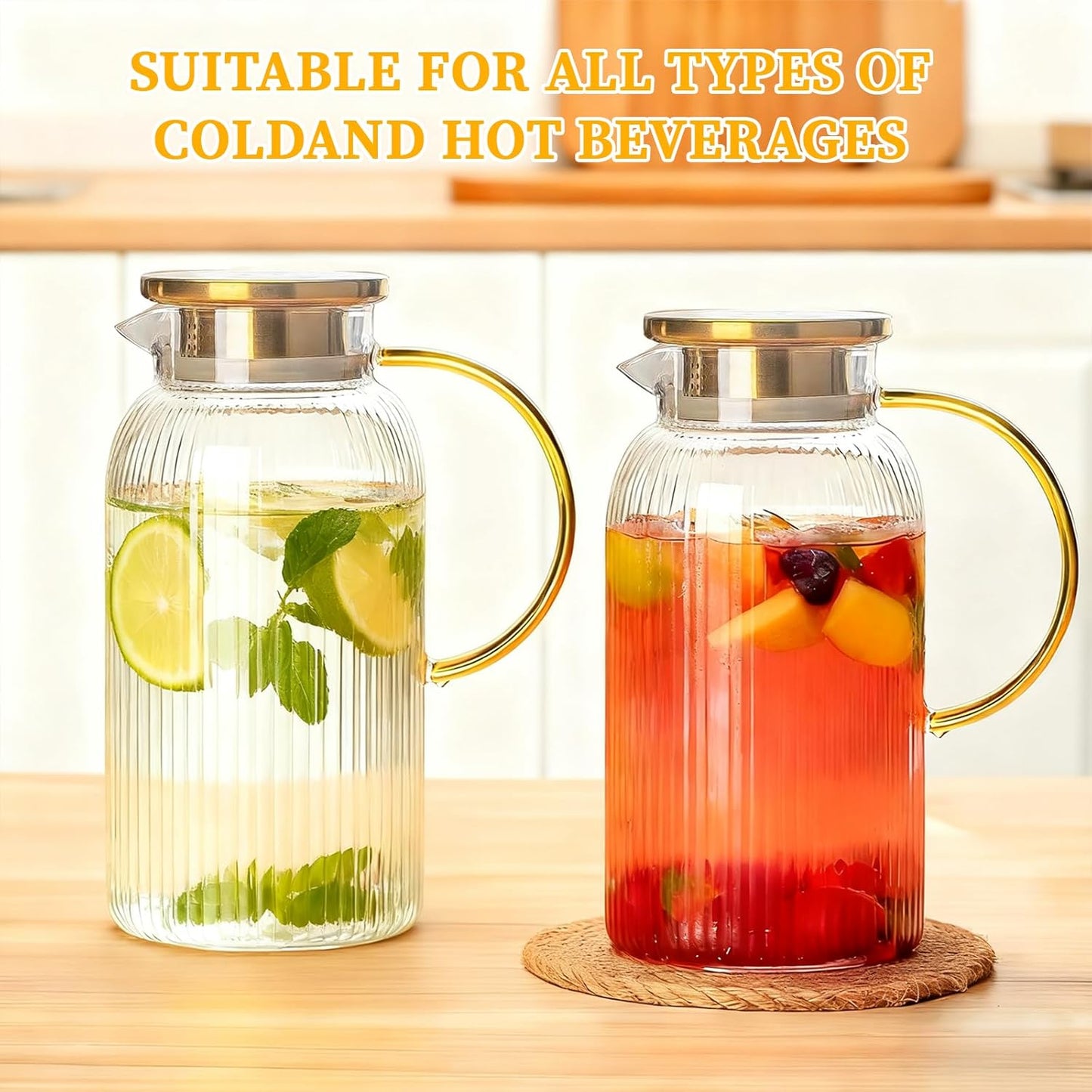 2 Pack Glass Pitcher with Lid, 68 oz/2 Liter Vertical Stripe Round Pitcher with Handle, Heat Resistant, Suitable for Refrigerator Storage, Iced Tea, Coffee, Lemonade, Juice, and Beverage Container