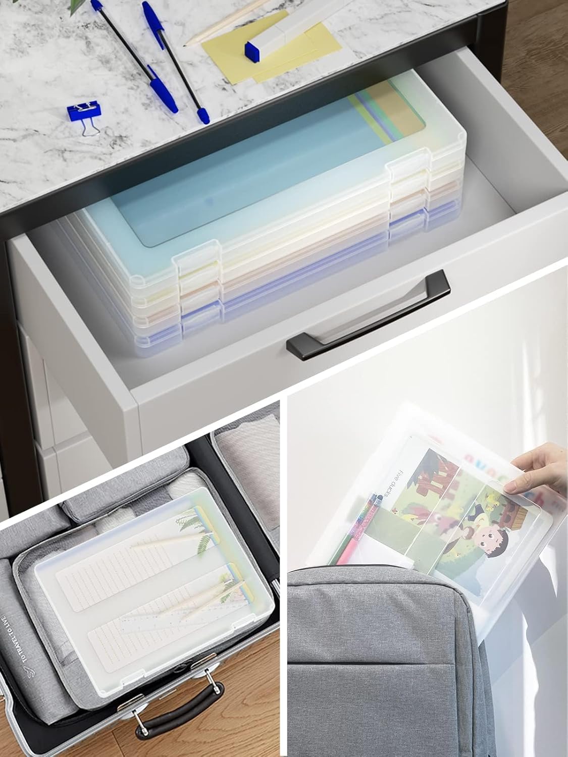 iBune 4-Pack A4 Plastic Paper Organizer Box, Scrapbook Storage for 8.5” x 11” Letter Papers, Portable Document Holder, Photo Storage Box Sticker Art Supplies Organizers, 12.2” x 8.9” x 0.7” Inner Size