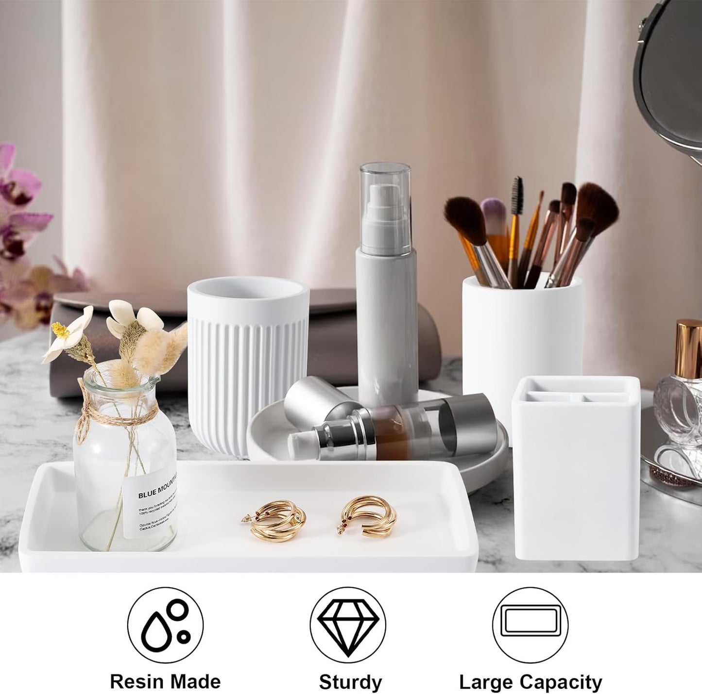 Resin Bathroom Toothbrush Cups Set with Holder and Tray, 4 Pcs Matte White Bathroom Accessories Set Counter Organizer for Sink Home Decor