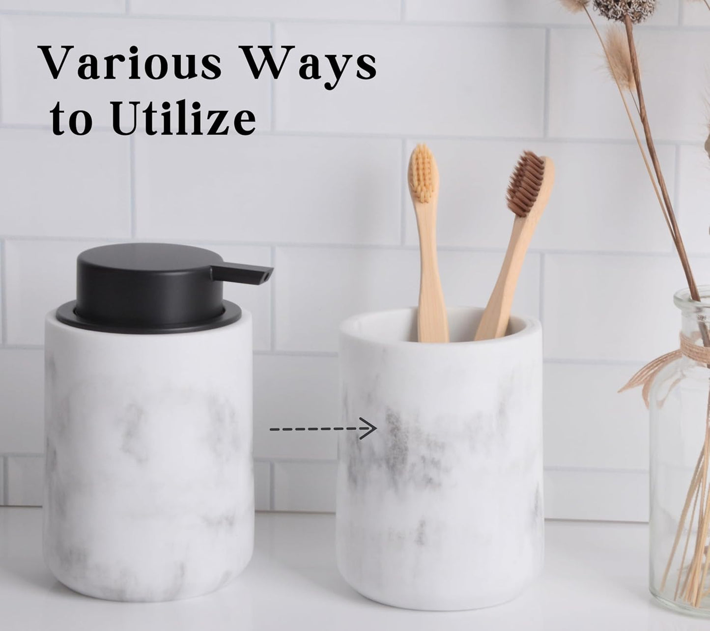 Resin Hand Soap Dispenser Easy-to-Press Liquid Pump, Refillable Soap Dispenser with White Marble Look, Waterproof Bottle Labels for Bathroom Kitchen Dish Lotion (White, 10 oz)