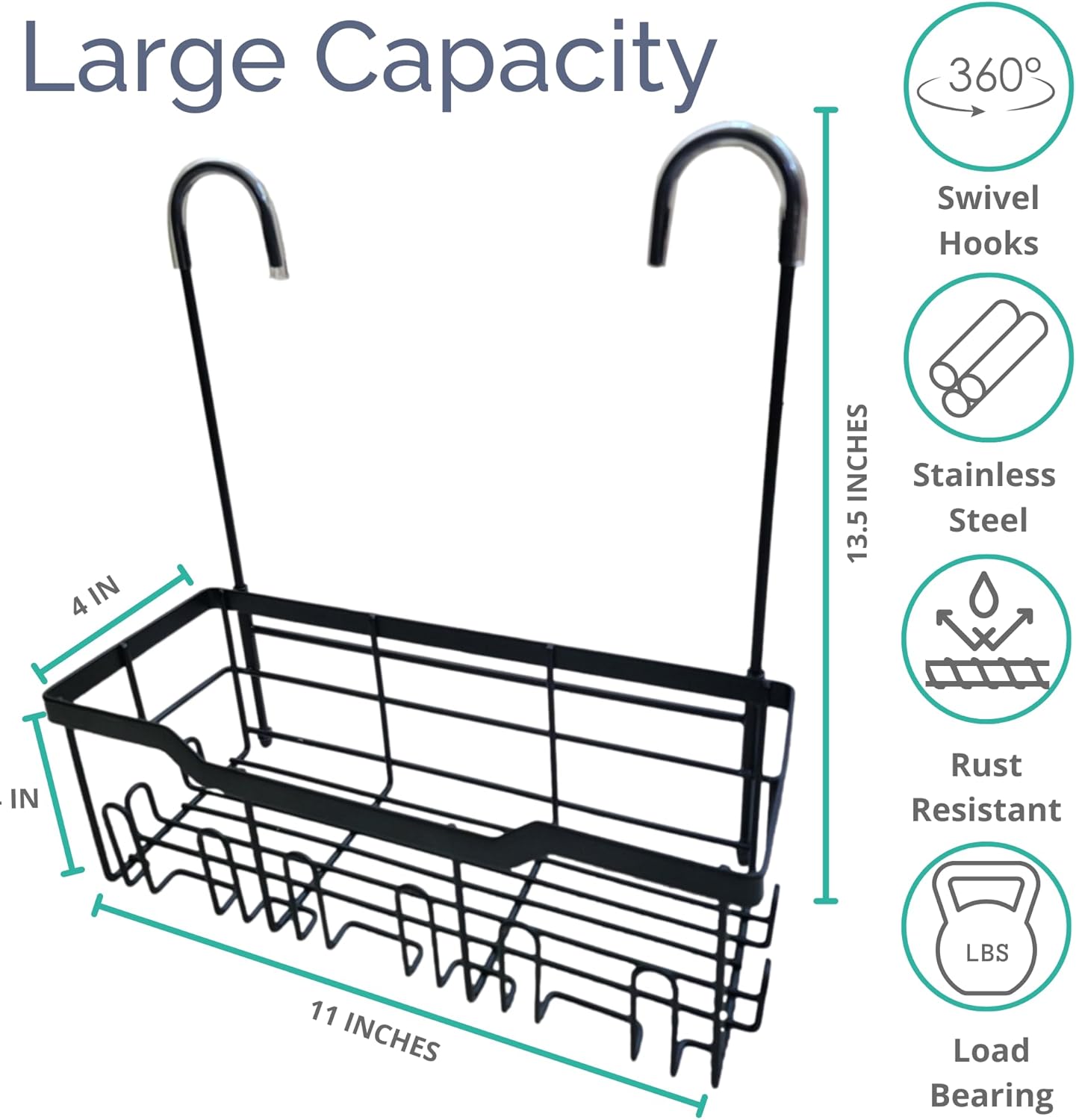 Heavy-Duty Black Hanging Shower Caddy with Rotatable Hooks and Adhesives - Rust-Proof 304 Stainless Steel - Bathroom Caddy for Organizing Your Shower Essentials