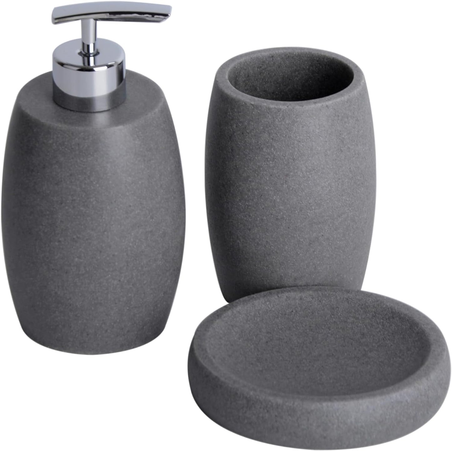 Grey Bathroom Accessories Set 3 PC, Resin Sandstone Look Soap Dispenser, Toothbrush Cup, Soap Dish, Bathroom Soap Dispenser Set for Home Decor and Kitchen