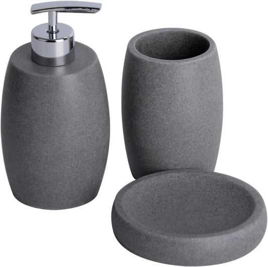 Grey Bathroom Accessories Set 3 PC, Resin Sandstone Look Soap Dispenser, Toothbrush Cup, Soap Dish, Bathroom Soap Dispenser Set for Home Decor and Kitchen