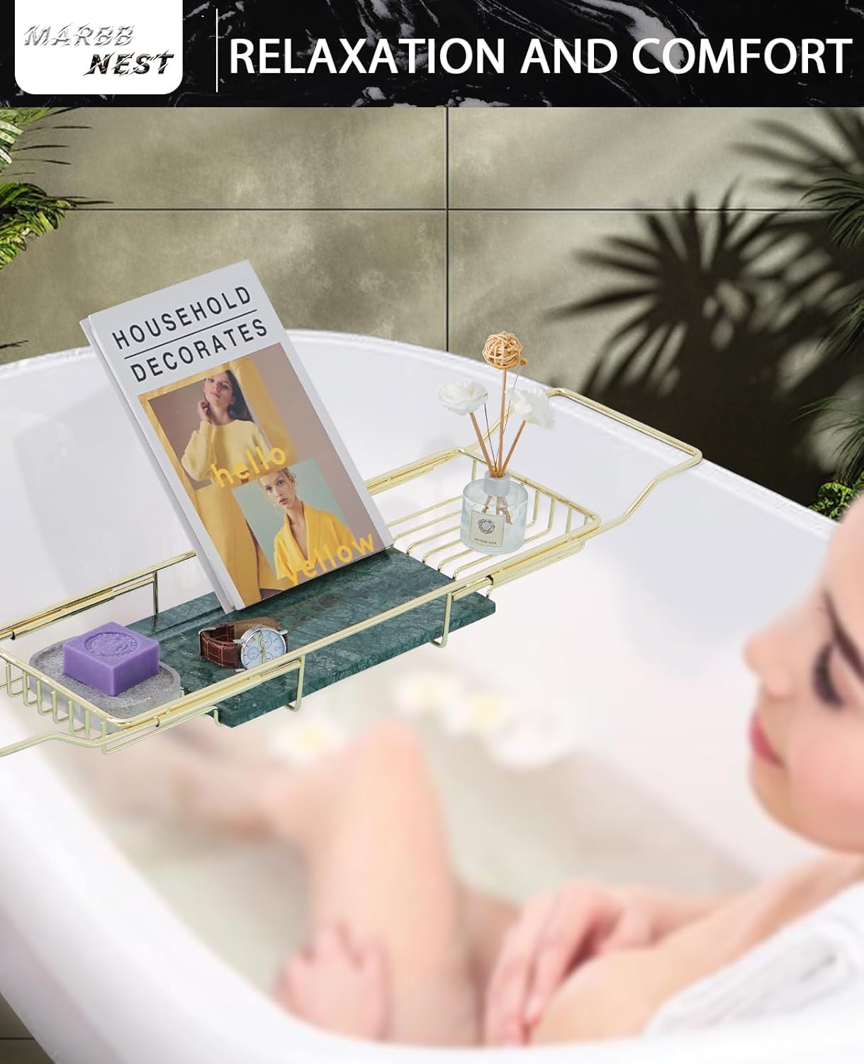 Bathtub Tray Caddy for Luxury Bath Expandable Extra Wide Bath Tub Tray with Natural Marble Tray and Mobile/Tablet Stand, Ideal for Home Spa Lovers(Gold + India Green)
