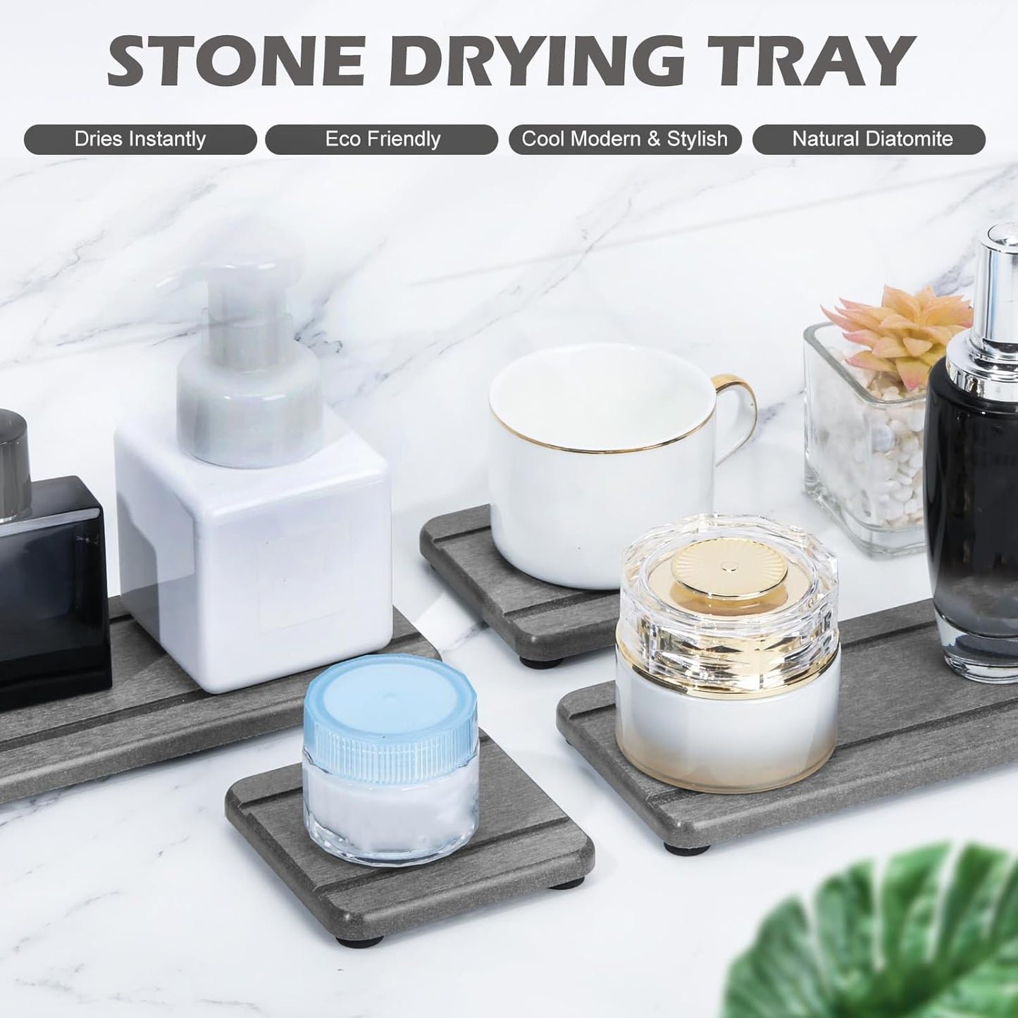 4PCS Stone Drying Trays for Bathroom Sink and Kitchen Counter - Water Absorbing Stone Tray with Diatomaceous Earth, Soap Dish and Coaster