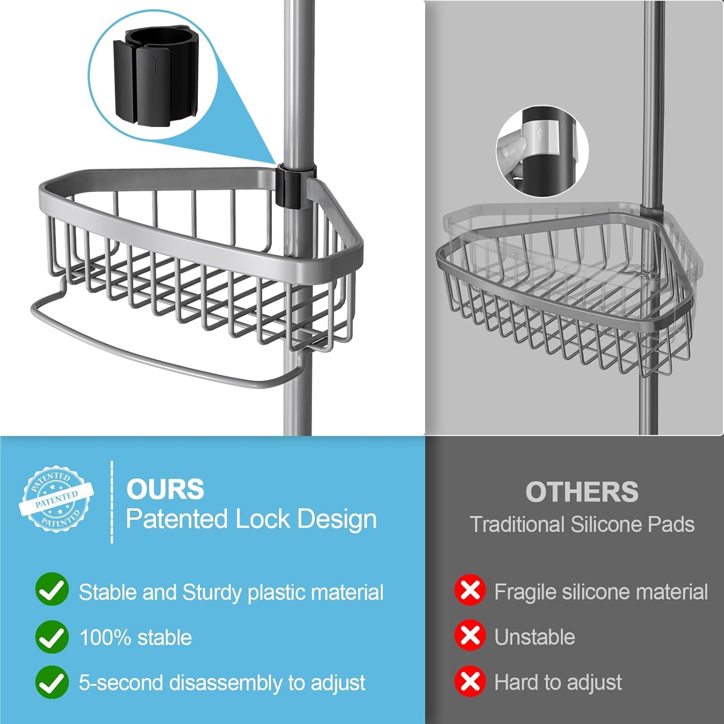 Corner Shower Caddy Tension Pole: Stainless Steel Rustproof 4-Tier Shower Organizer - 47-121 inch Adjustable Bathroom Shelves for Bathtub Shampoo Storage - Tension Rod Floor Standing Bath Rack