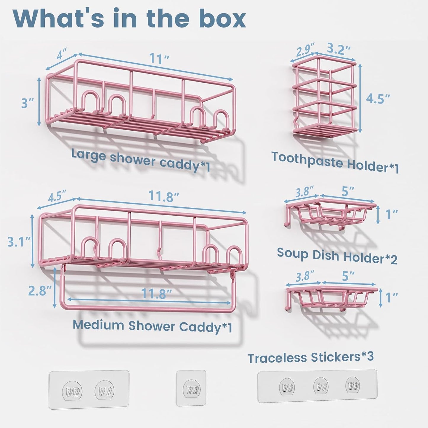5-Pack Shower Caddy, Adhesive Shower Organizer, No-Drill Space Saving Shower Shelf with Soap Dish, Rustproof Shower Shampoo Holder for Kitchen & Bathroom Storage & Home Decor (Pink)