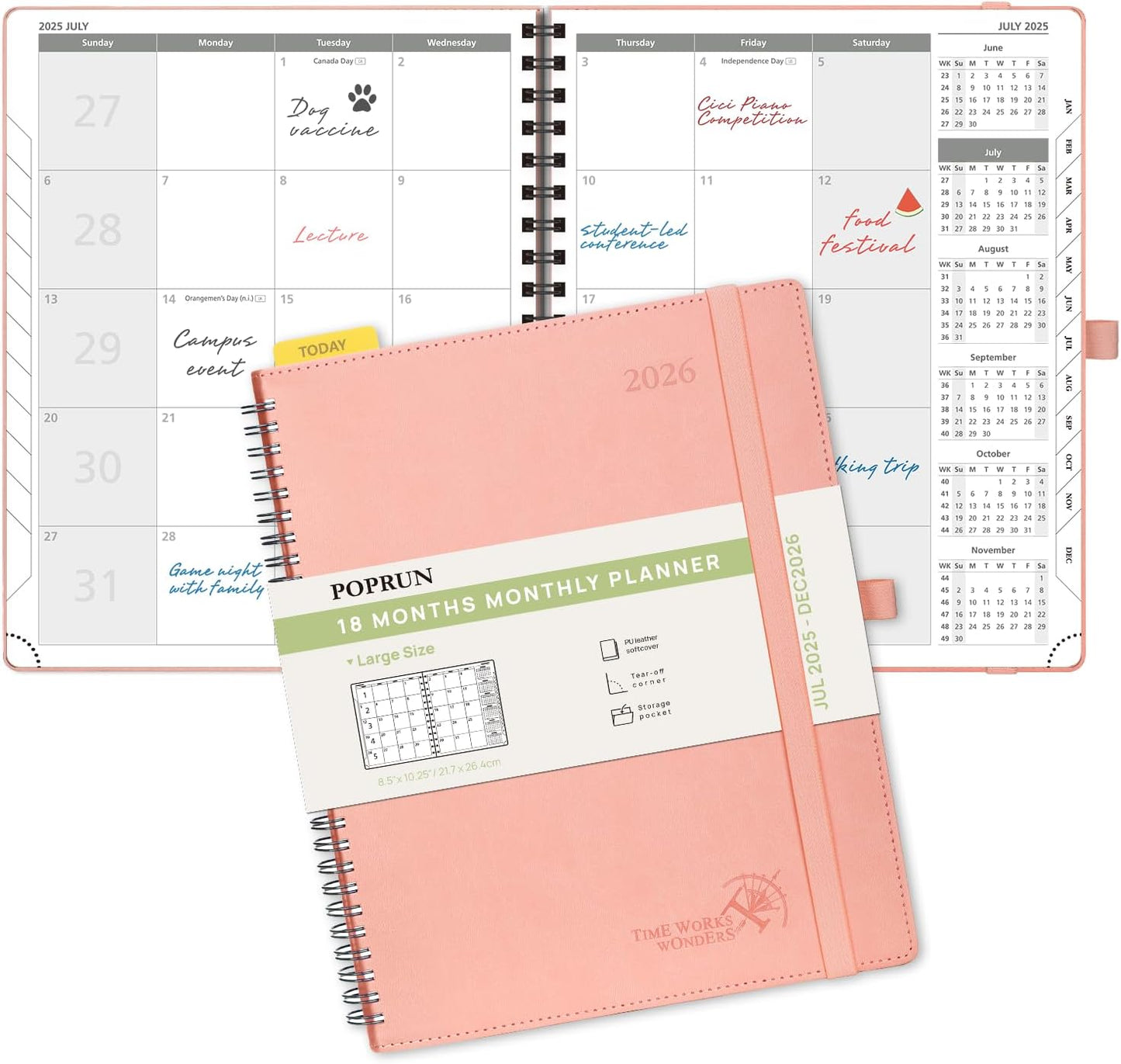 POPRUN Monthly Planner 2025-2026 Spiral Bound (8.5'' x 10.5'') 18 Months Calendar (Jul 2025 - Dec 2026) - 4 Pages per Month with Monthly Expense & Notes, Sunday Start, Leather Cover - Pink