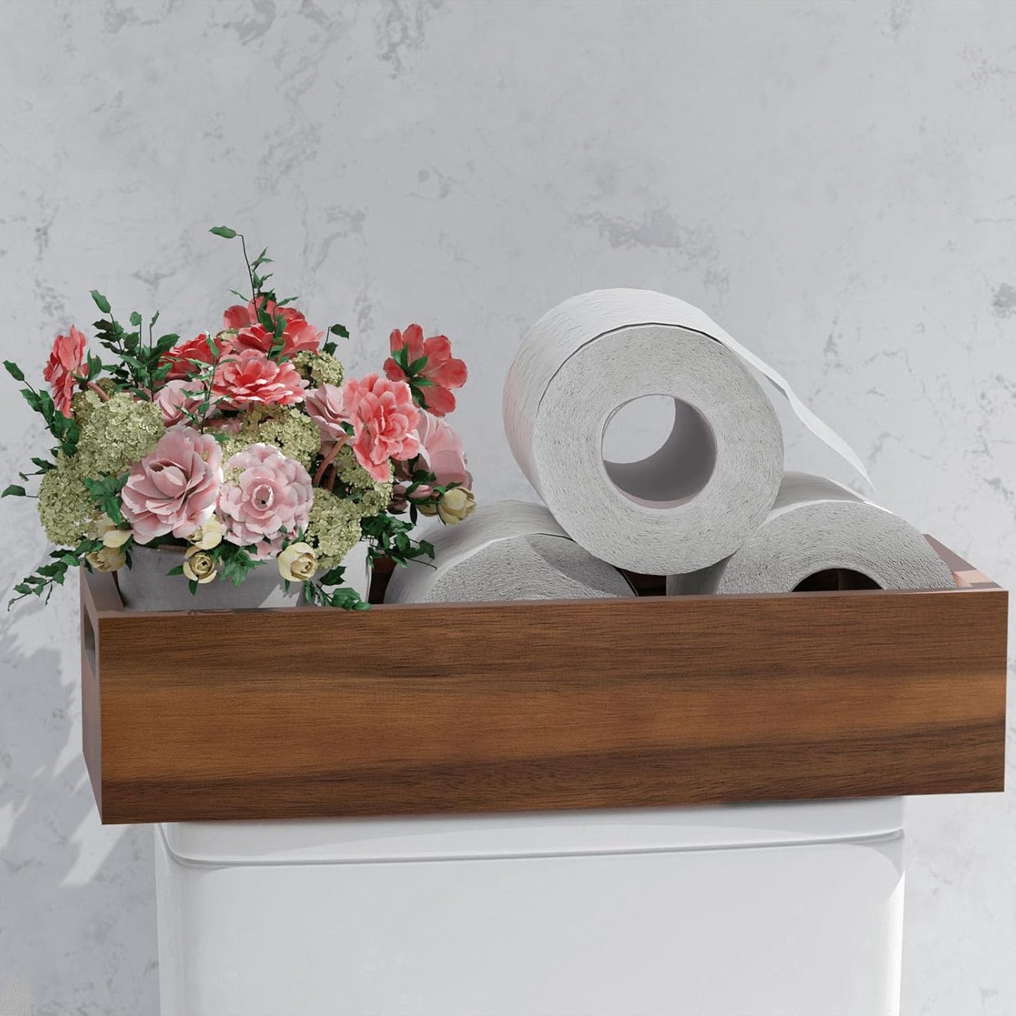 Natural Acacia Hardwood Bathroom Tray with Handles for Organizing Toiletries and Accessories - Large 16.5x6 in Size for Countertop, Shelf, or Tank Top Storage