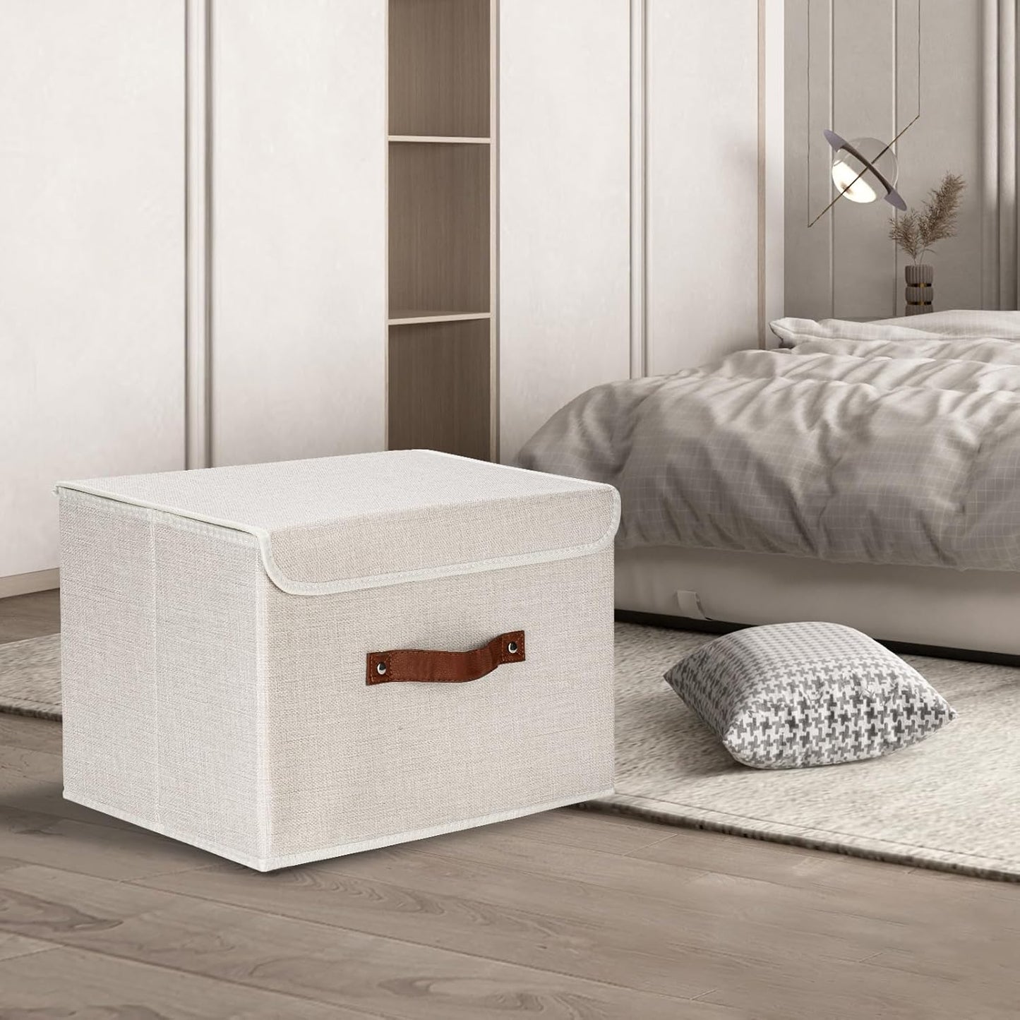 TYEERS Collapsible Storage Boxes, Washable Fabric Storage Bins with Lids, 14.9x9.8x9.8 inches, 2 Pack, Beige