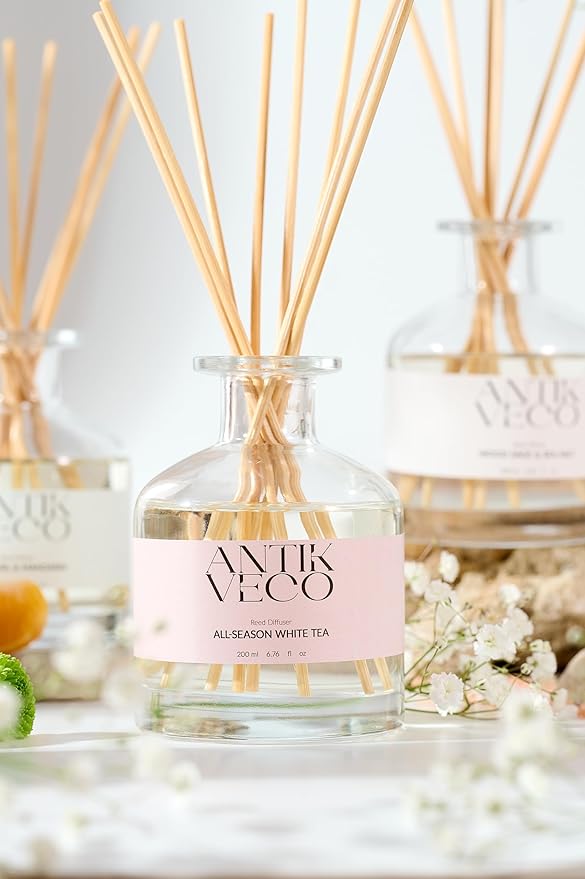 All-Season White Tea Diffuser – Home Fragrance with 8 Rattan Sticks – Long Lasting, Fresh White Tea & Citrus Scent – Non-Toxic, Premium Reed Diffuser for Home or Office – 90 Days