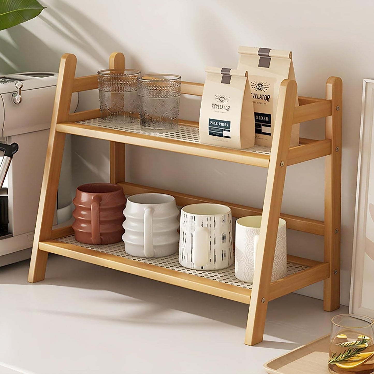 2 Tier Coffee Bar Station Organizer & Bamboo Mug Holder – Countertop Tea and Coffee Bar Accessories Stand, Matcha Display Shelf with Condiment Storage Rack, Cup Organizer for Kitchen Counter (Large)