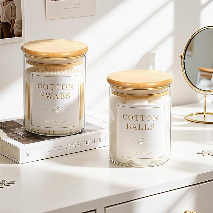 Luxspire 2 Pack Glass Qtip Holder Dispenser, 13.4 oz Cotton Swab Holder with Bamboo Lids, Glass Apothecary Jars Bathroom Accessories Canisters for Cotton Swabs, Balls, Pads, Floss Picks