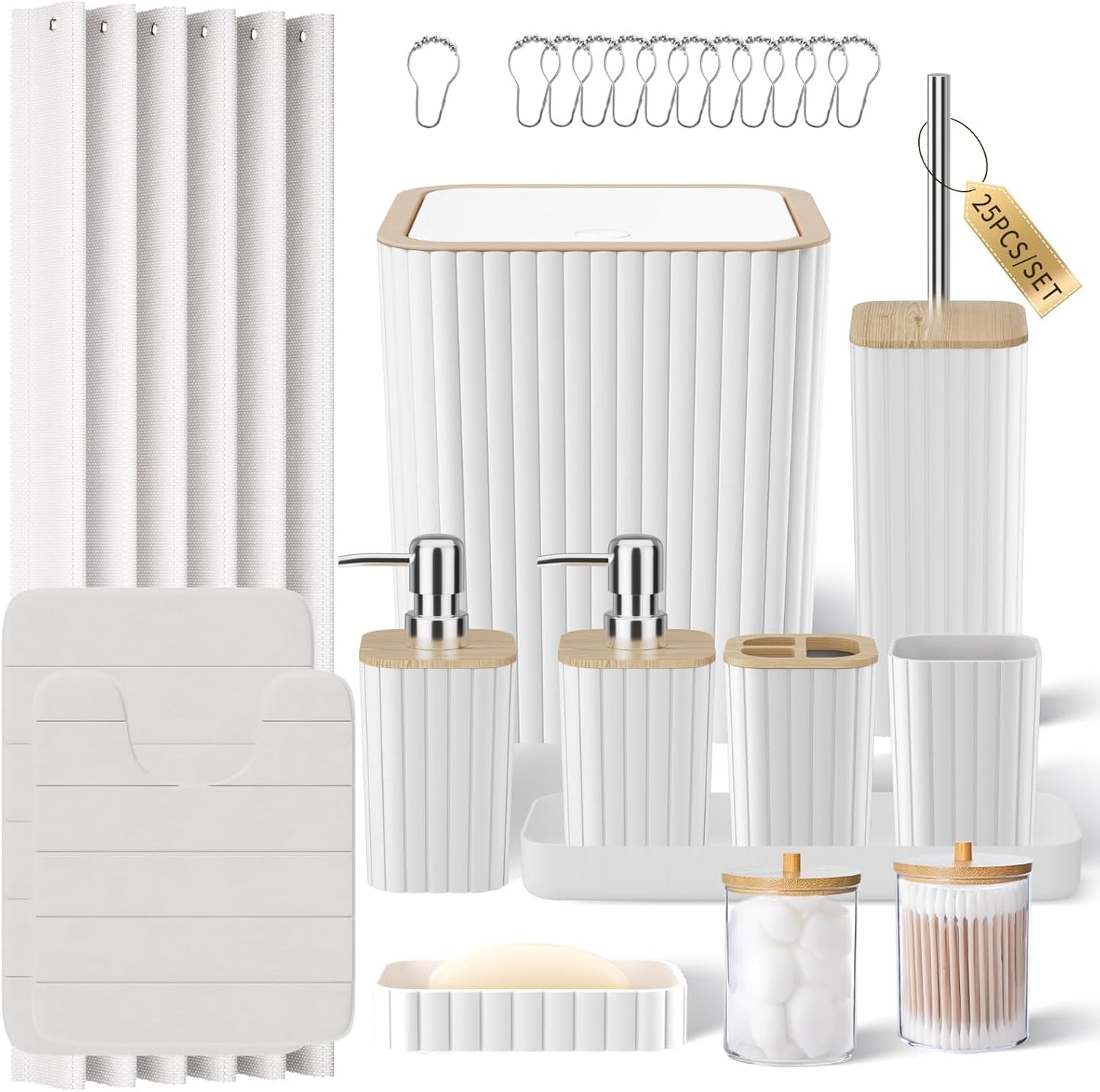 Bathroom Set - 25PC White Bathroom Set with Shower Curtain and Rugs, Bathroom Accessories Set, White Shower Curtain Set with Bathroom Trash Can