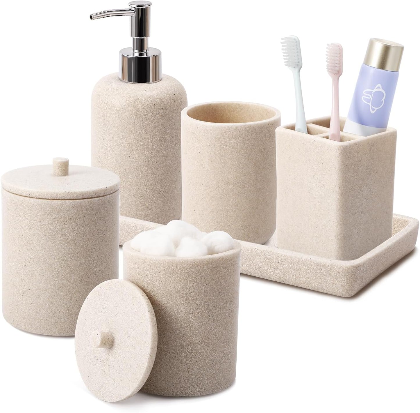 Resin 6 Pcs Beige Bathroom Set Complete with Toothbrush Holder, Lotion Soap Dispenser, 2 Qtip Holder Dispensers,Vanity Tray,Bathroom Tumbler - Countertop Vanity Organizer - Bathroom Accessories Set