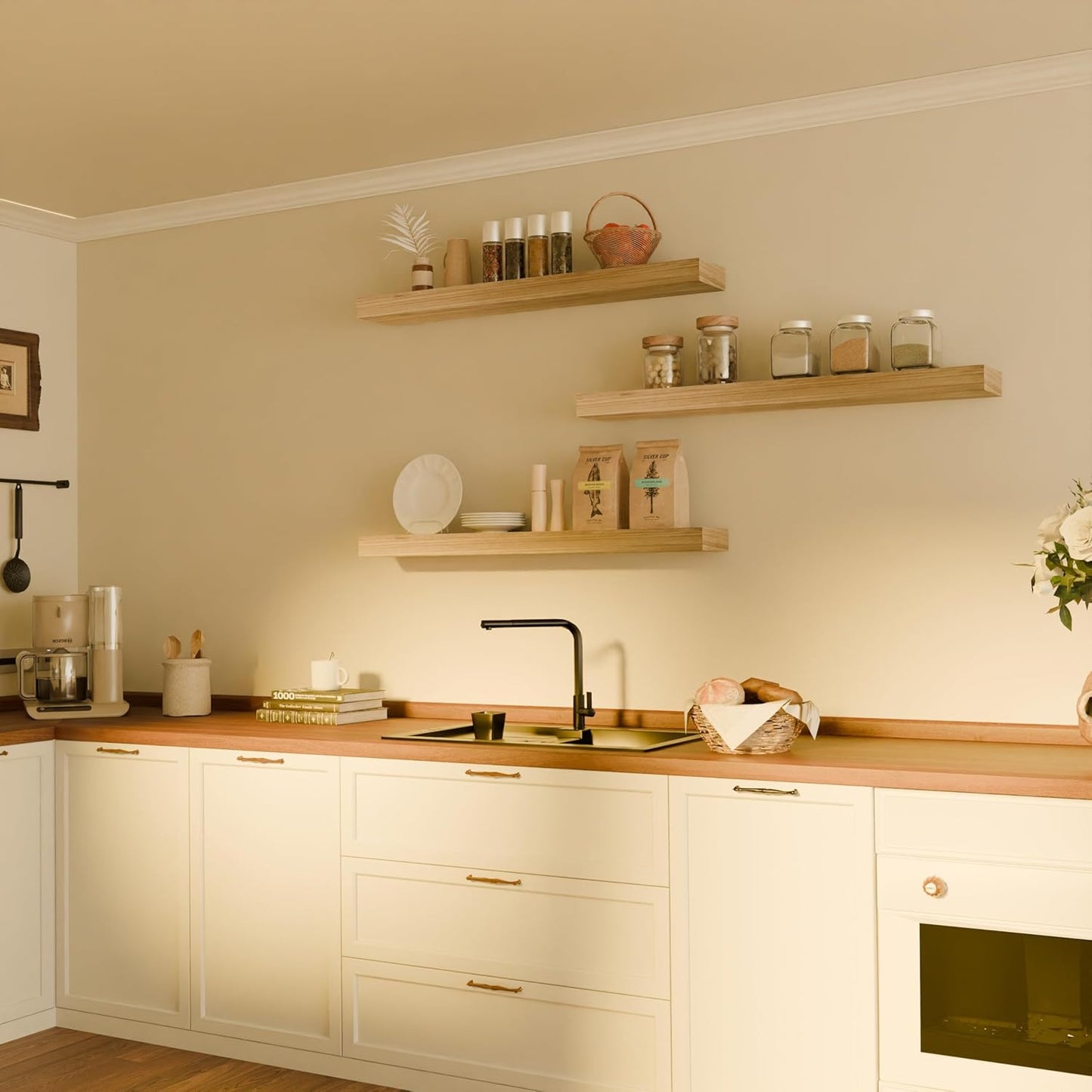 Floating Shelves for Wall, 36 Inch Extra Long Natural Brown Wall Shelves, Set of 3, Hanging Invisible Brackets Floating Shelves for Living Room,Bedroom,and Kitchen