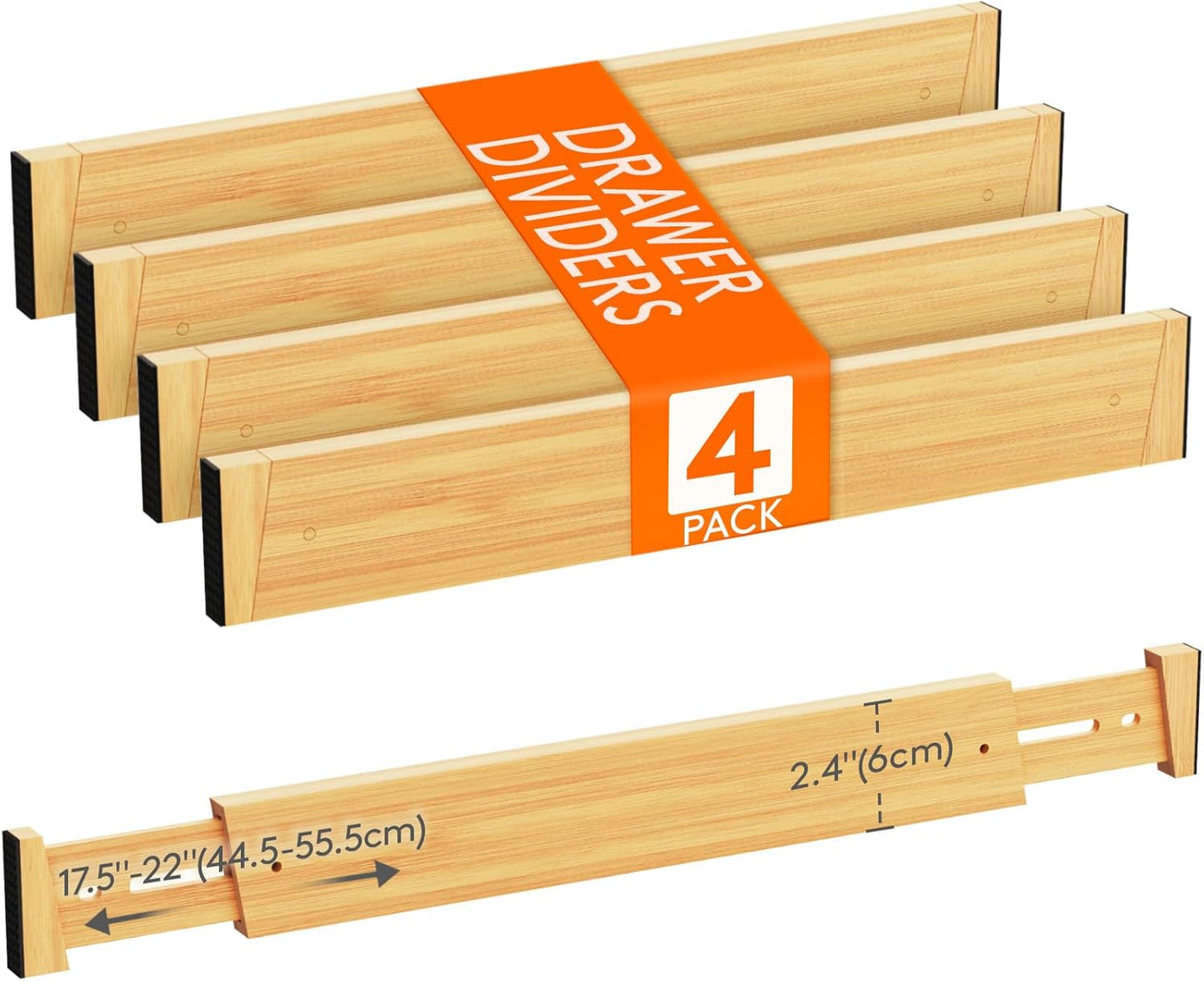 Lifewit 4 Pack Bamboo Drawer Dividers 2.4" High, 17.5-22" Kitchen Drawer Organizers, Adjustable Wooden Drawer Dividers for Clothes, Expandable Drawer Separators for Dresser, Bedroom, Bathroom, Cabinet