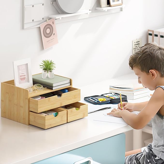 Wisuce Desk Organizer with Drawers - Bamboo Desktop Organizer Storage-Natural Wood Desk Drawers Organizer for Bills, Office Supplies, Cosmetics, Seals No Assembly Required (3 Drawers（top-bottom))