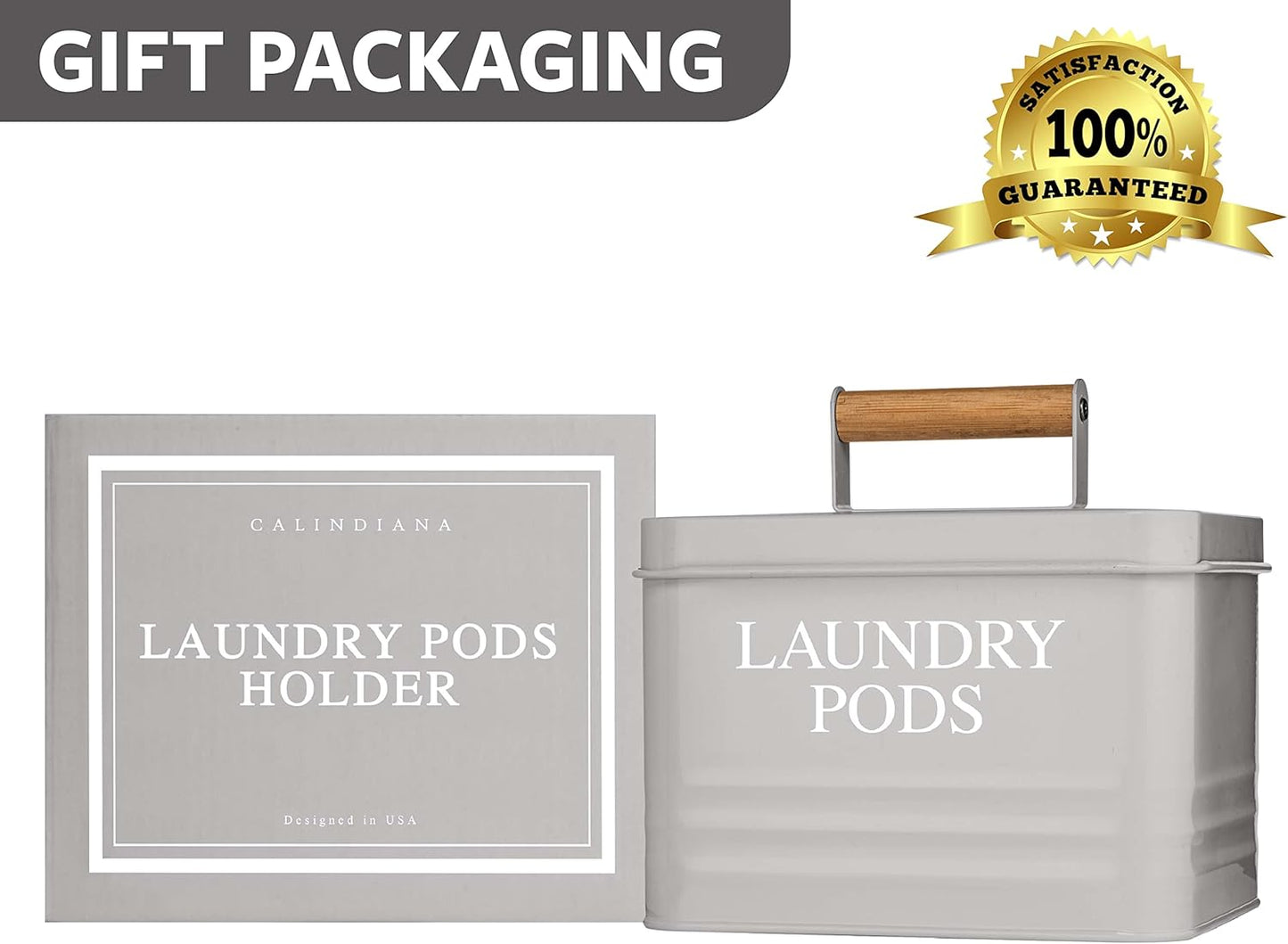 Calindiana Modern Farmhouse Metal Laundry Pods Holder Container with Lid for Laundry Room Decor and Accessories and Space Saving Laundry Room Organization and Storage, Holds 81 Laundry Pods, Grey