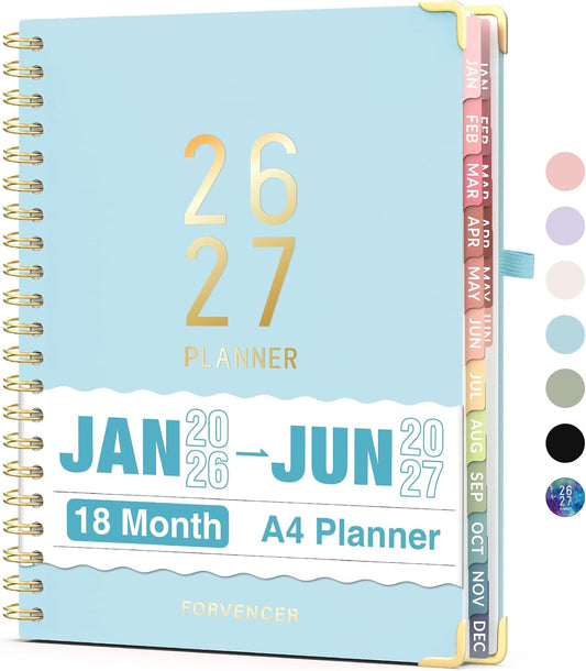 Forvencer Planner 2026-2027, 18 Month Weekly and Monthly Calendar Planner, Jan 2026 -June 2027, 8.5" x 11", Daily Agenda Book with Tabs, College Organizer Notebook, School Supplies for Student Teacher Classroom, A4, Blue