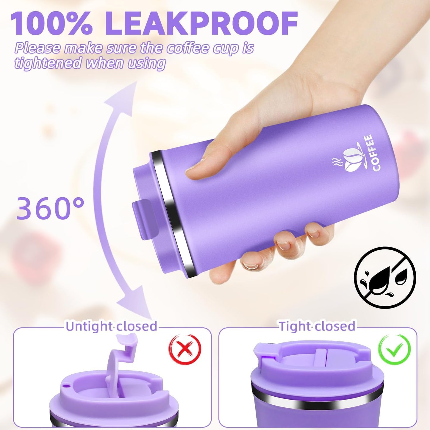 Insulated Travel Coffee Mug Reusable Coffee Tumbler Cup with Flip Lid Leak Proof Spill Proof for Office School Party Camping Hot and Cold Drink,Stainless Steel 17oz (Purple)
