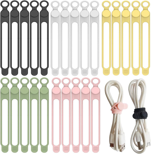 25Pcs Silicone Cable Ties Reusable, Silicone Cable Organizer for Bundling and Fastening Cable Cords Wires(5 Colors)(25Pcs-[Black,White,Pink,Green, Yellow], 4.2Inch)