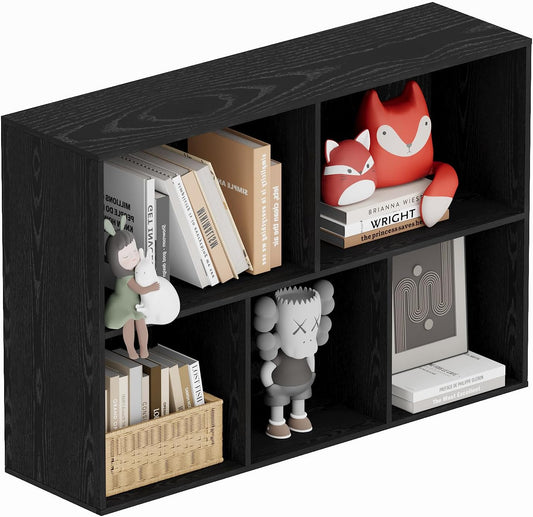 Book Shelf, Wooden Cube Storage Organizer with 11" Open Cubes, Stackable Modular Bookcase for Room Divider Storage, Bookshelf for Living Room, Bedroom, Office (Black, 5-Cube)