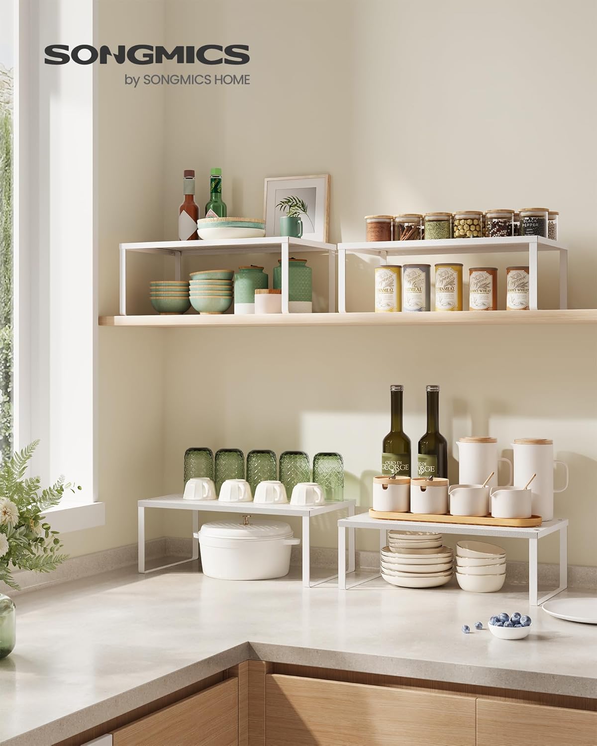 SONGMICS Spice Racks, Set of 2 Metal Cabinet Shelf Organizers, Countertop Organizers, Shelf Risers, Stackable, Expandable, White UKCS401W01